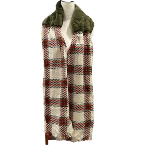 NWOT Anthropologie Green Plaid Faux Fur Scarf, 78" x 16"